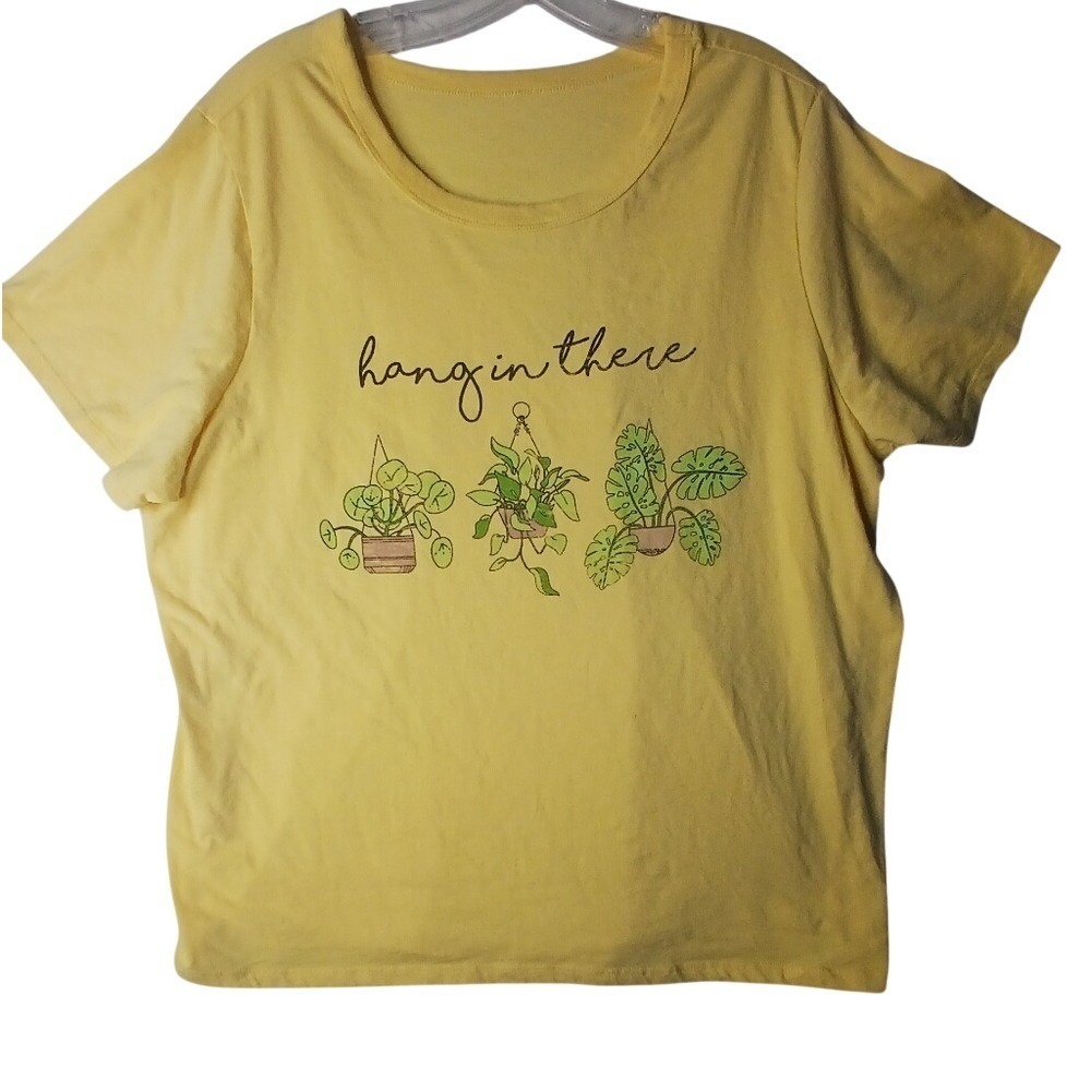 Hang In There Yellow Houseplant Graphic T-Shirt Women Short Sleeve Crew Neck